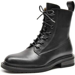 Women's Combat Boots Black Leather Side Zipper Booties For Women
